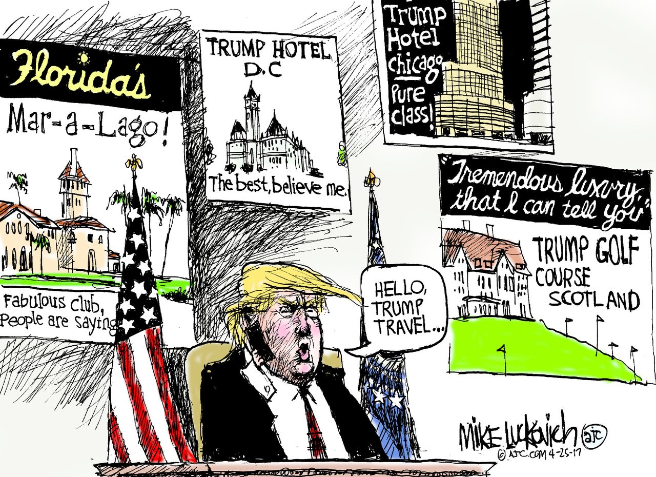 Political Cartoon U.S. President Trump Mar-A-Lago vacation promotion ad