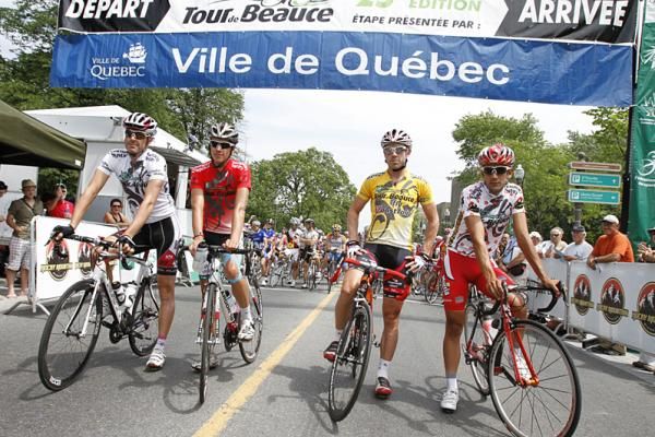 The leaders of TDB 2010 on the starting line of stage five in Quebec City (l-r): Andrew Pinfold (UnitedHealthcare), David Boily (SpiderTech-Planet Energy), Ben Day (Fly V Australia) and Rafael Serrano Fernandez (Heraklio-Murcia).