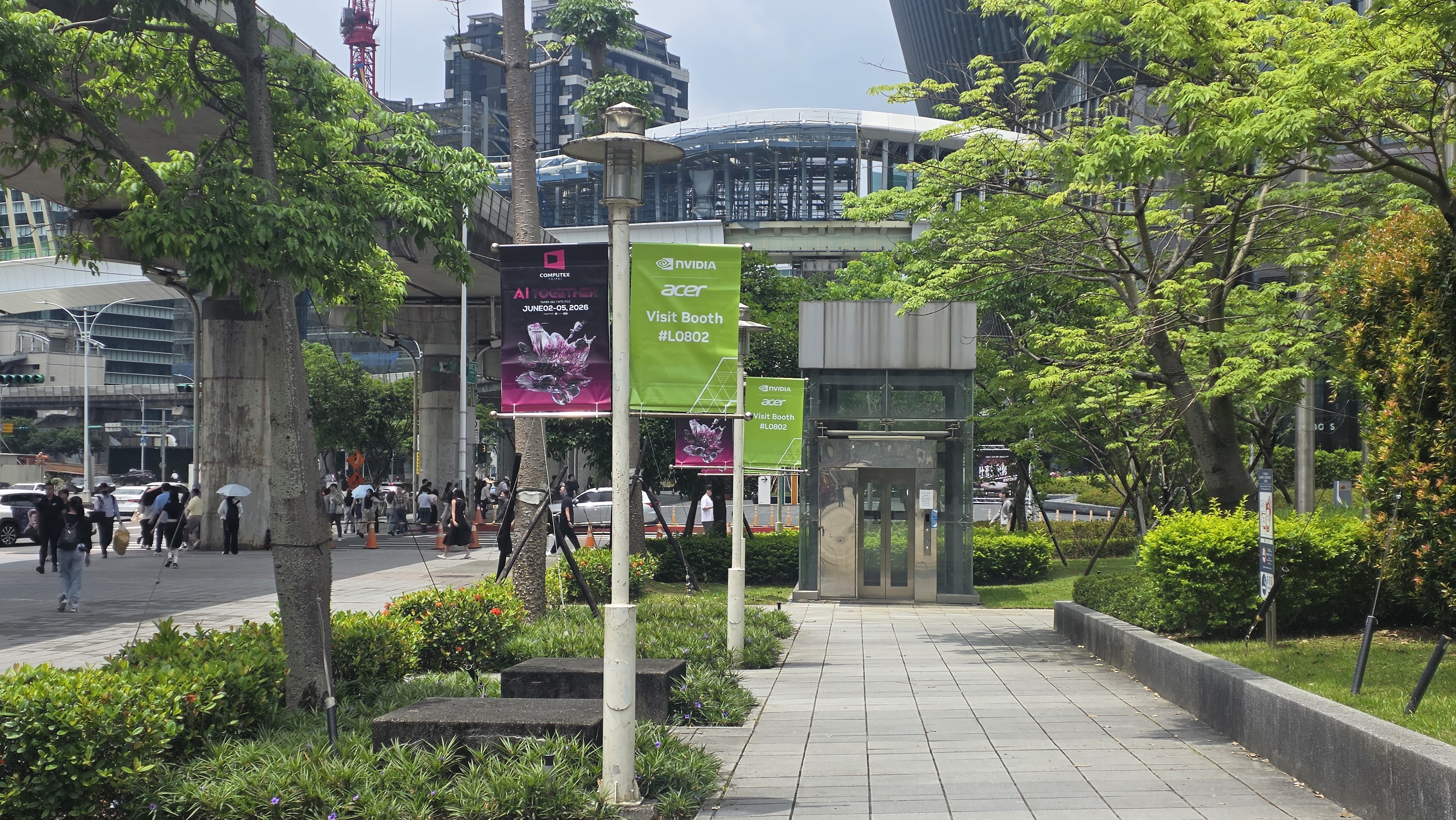 A Street in Taipei with signs for Nvidia and Computex in the background. 