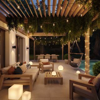 outdoor living room with solar lighting and sofa with cushions and contemporary