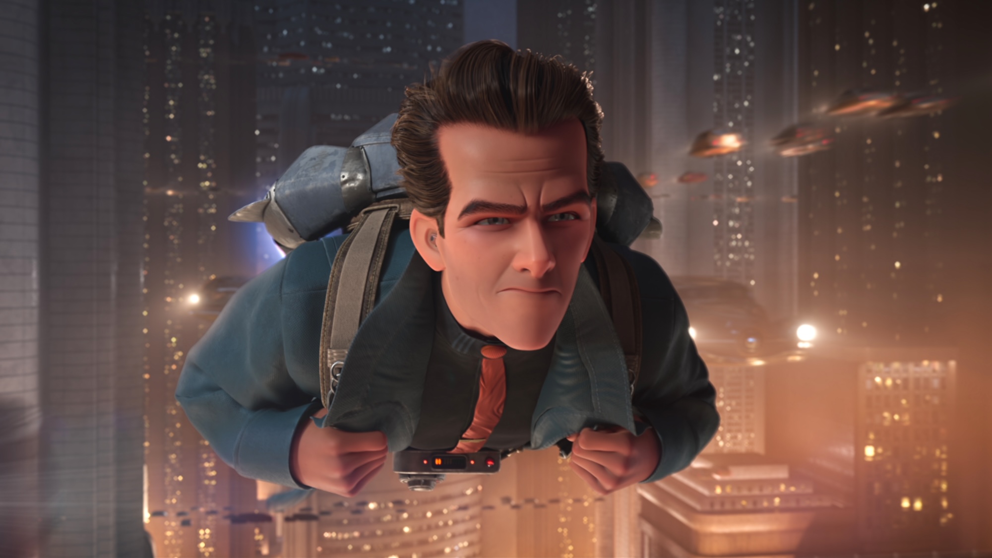 Ray Gunn flying on a jetpack in the city 