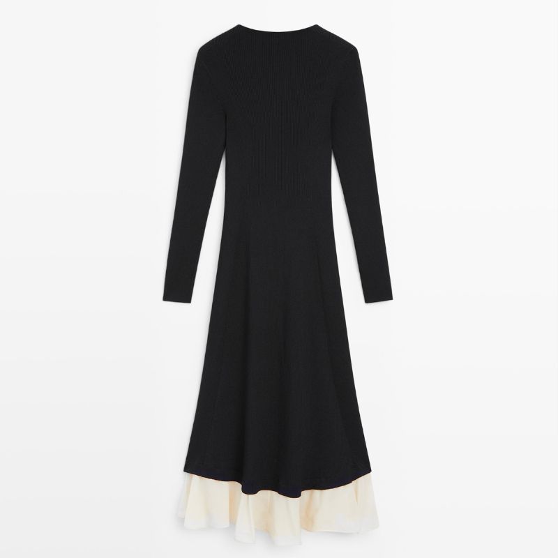 Black and white midi dress with long sleeves