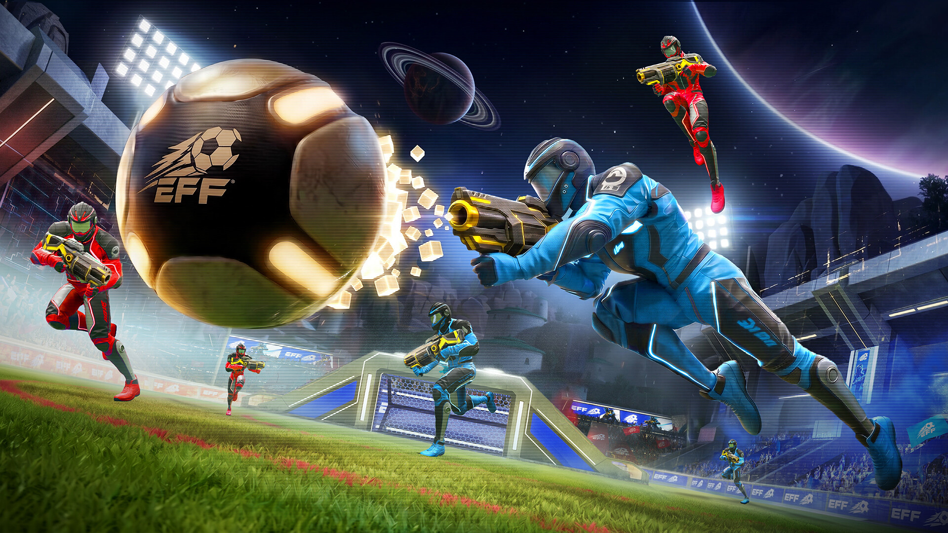 Players clad in blue and red jumpsuits chase a football around a pitch while wielding grenade launchers