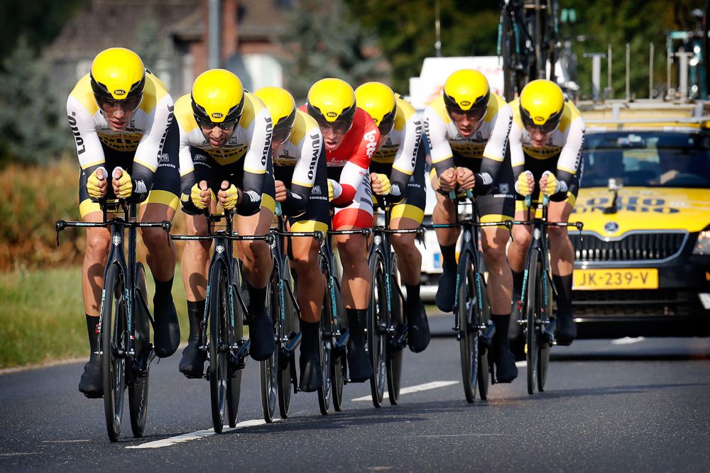 LottoNL-Jumbo on course durung the stage 5 time trial at Eneco Tour