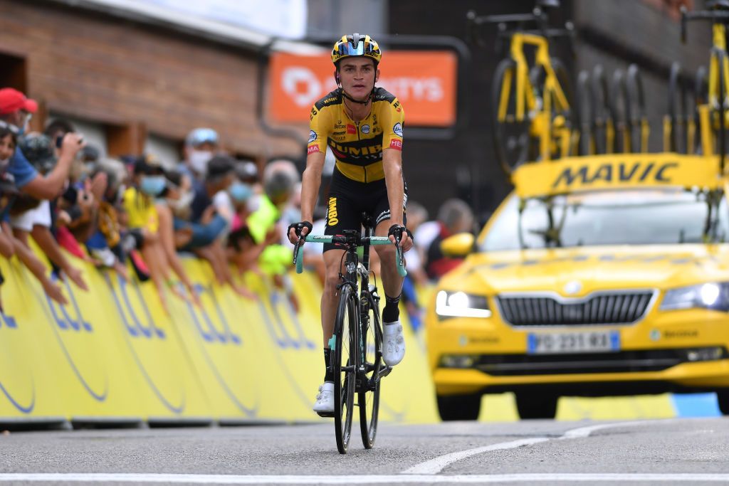CHARTREUSE FRANCE AUGUST 13 Arrival Sepp Kuss of The United States and Team Jumbo Visma during the 72nd Criterium du Dauphine 2020 Stage 2 a 135km stage from Vienne to Col de PorteChartreuse 1316m dauphine Dauphin on August 13 2020 in Chartreuse France Photo by Justin SetterfieldGetty Images