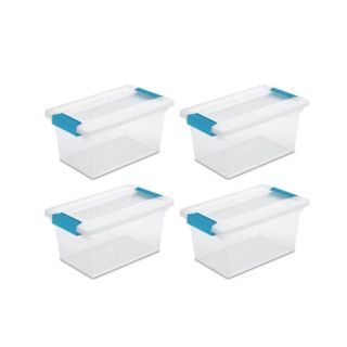 Four clear storage boxes with blue clips