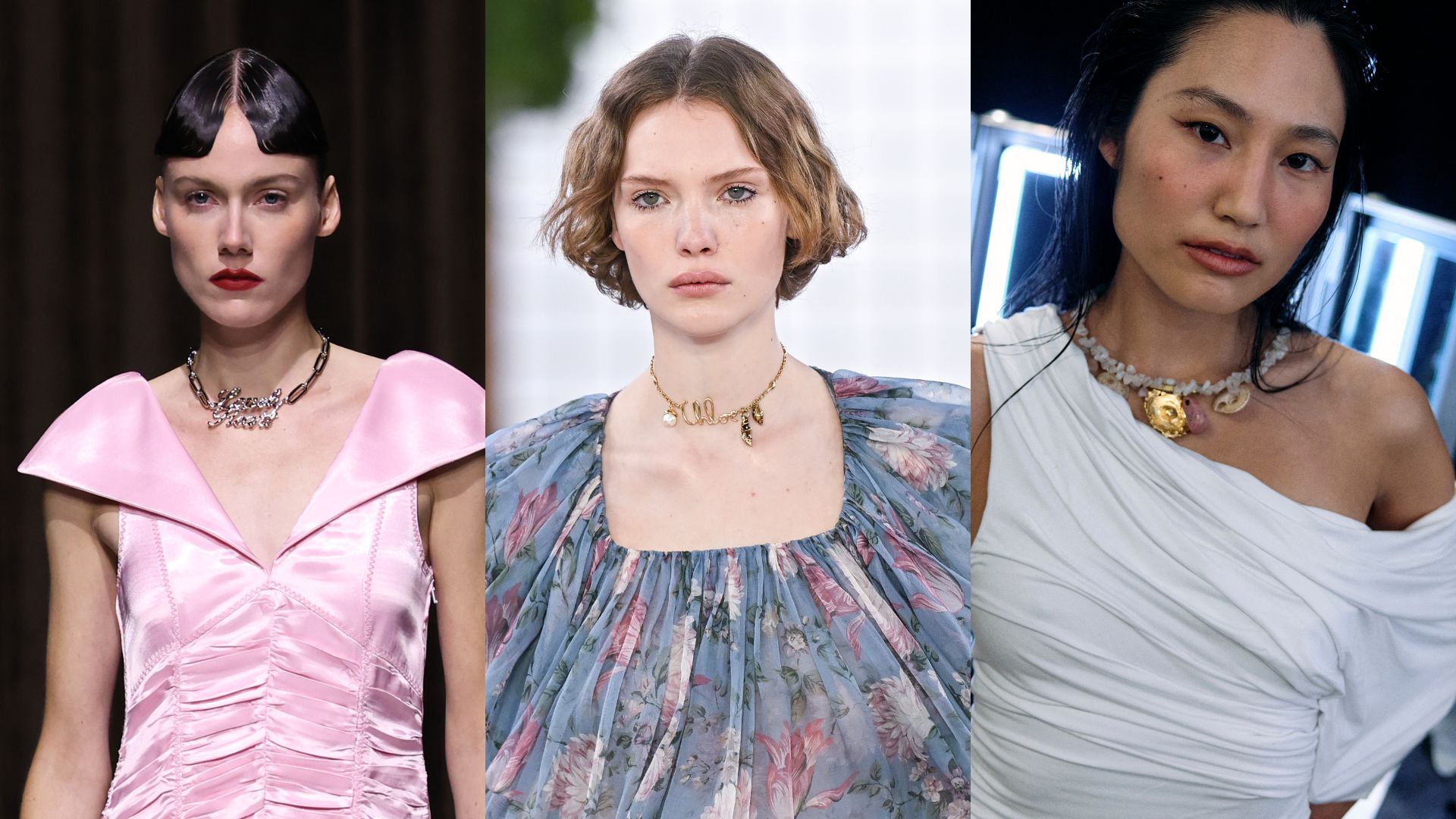 Three models wearing personalised jewellery on the spring/summer 2025 catwalk
