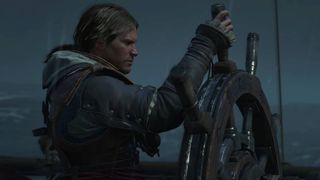 Assassin's Creed Black Flag Resynced screenshot from trailer showing edward kenway standing at the helm of a ship, holding the wheel in the rain