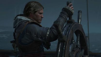 Assassin's Creed Black Flag Resynced screenshot from trailer showing edward kenway standing at the helm of a ship, holding the wheel in the rain