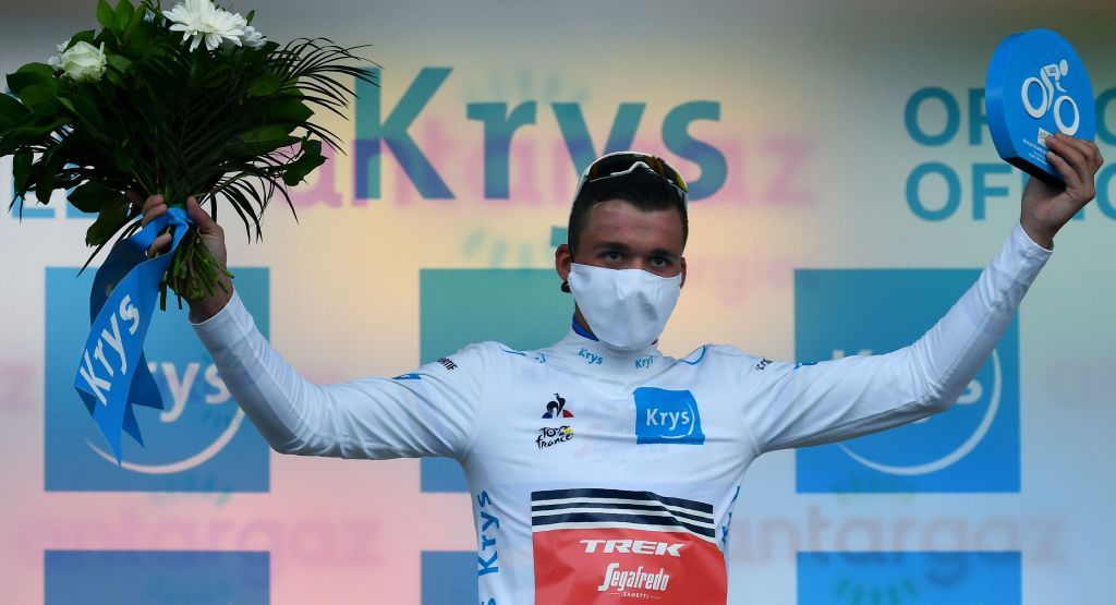 Team Trek rider Denmarks Mads Pedersen celebrates his white jersey of best young on the podium at the end of the 1st stage of the 107th edition of the Tour de France cycling race 156 km between Nice and Nice on August 29 2020 Photo by Stuart Franklin POOL AFP Photo by STUART FRANKLINPOOLAFP via Getty Images