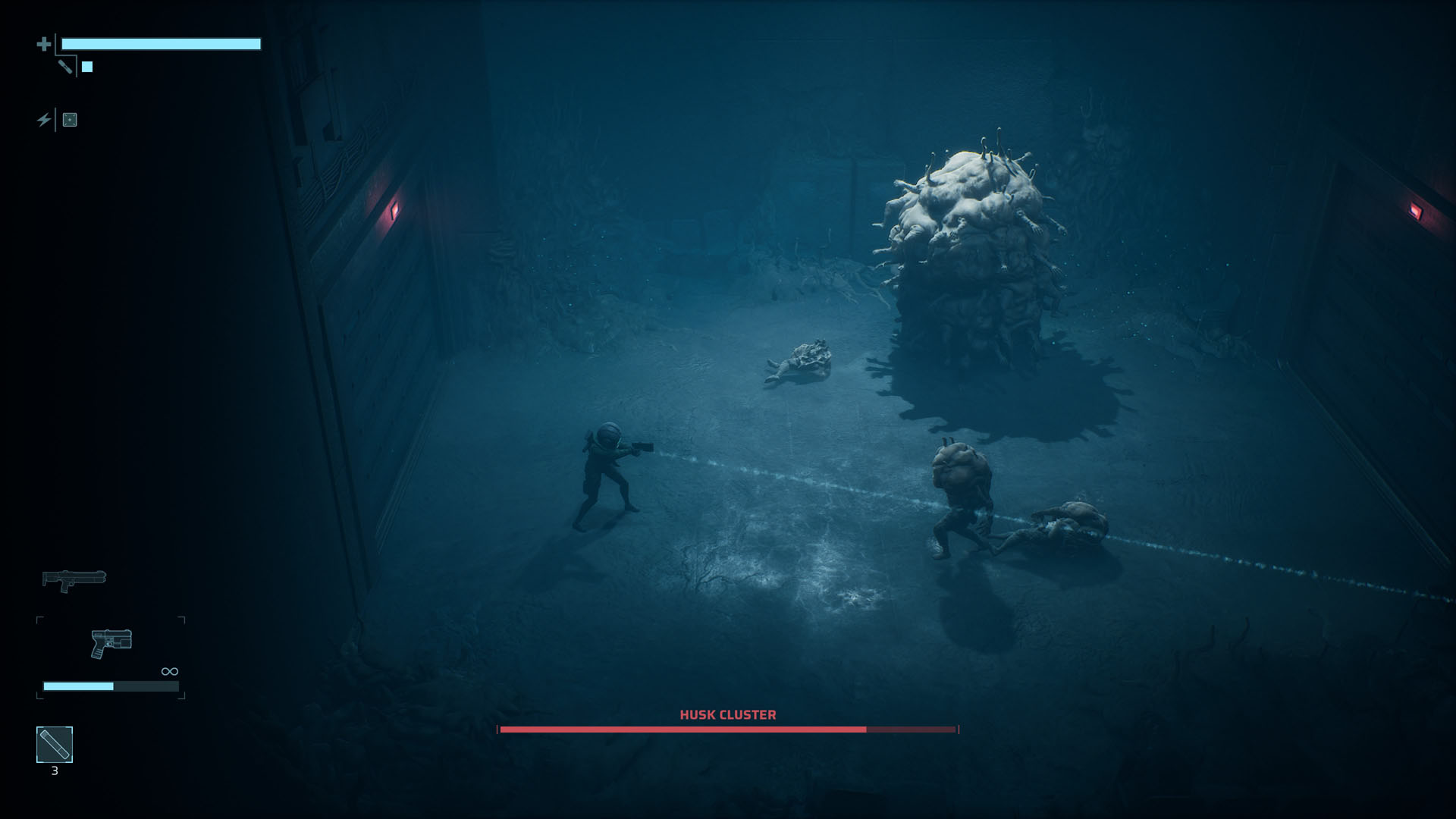 Cel aims at the Husk Cluster bosses' additional enemies in End of Abyss