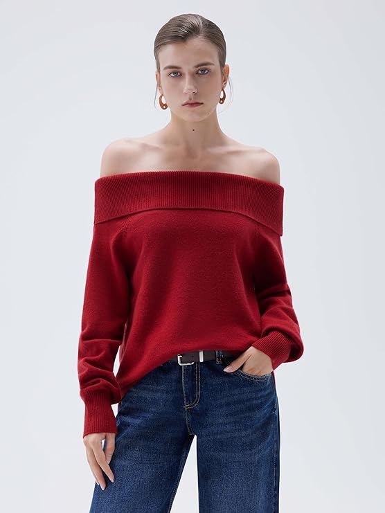 SUUKSESS, Suuksess Women Cashmere Off the Shoulder Sweater Oversized Ribbed Knit Long Sleeve Tops Loose Pullover Outfits (wine,l)