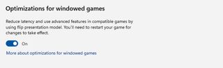 A screenshot of a Windows 11 setting for Optimizations for windowed games