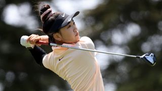 Lucy Li takes a tee shot during the 2021 US Women's Open