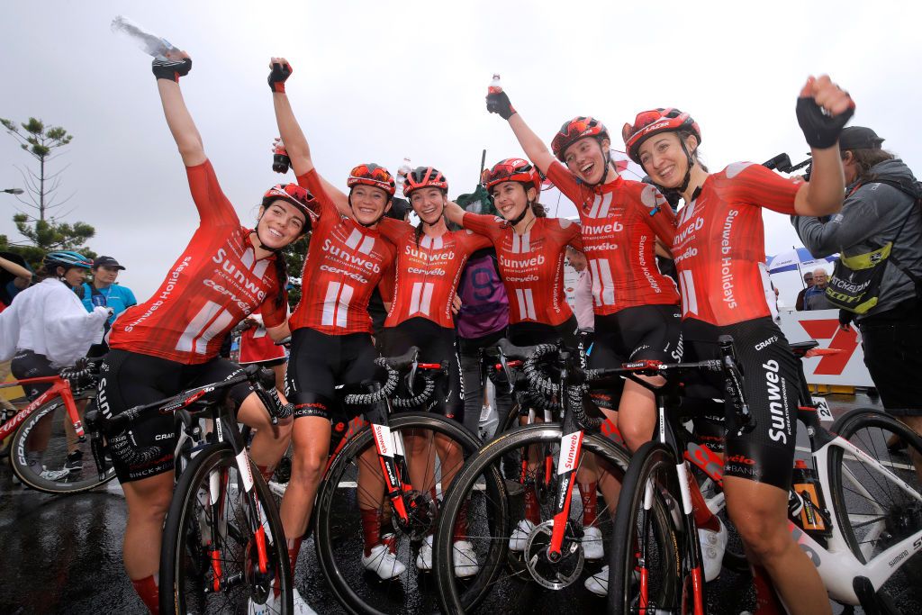 Liane Lippert (third from left) celebrates victory with her Sunweb teammates