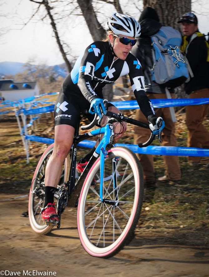 Katie Compton (Trek Cyclocross Collective) finishing lap one after an early bike change due to a slow leak