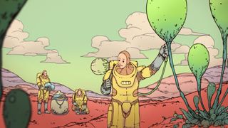 Synergy - A person in a yellow space suit on a reddish, desert planet fills a personal air tank from a plant.