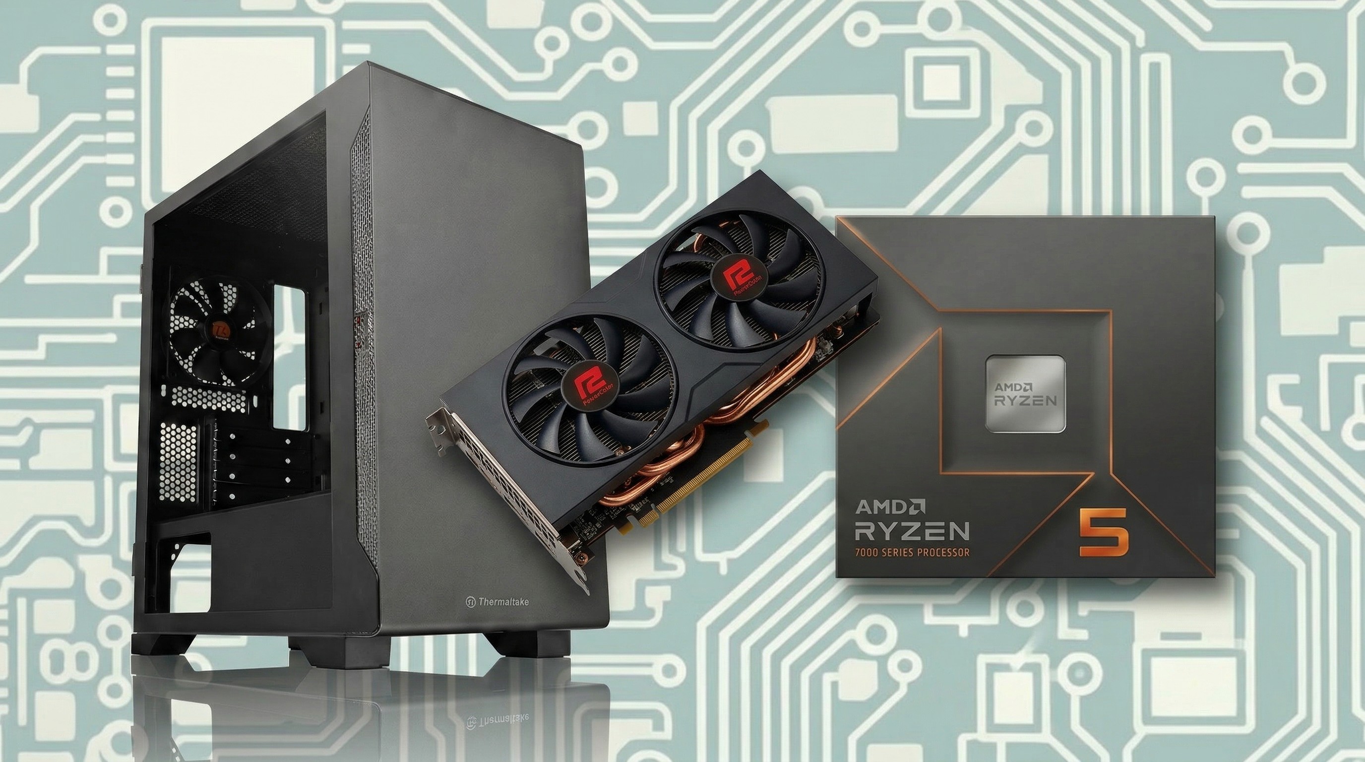A Thermaltake S100TG PC case, a Powercolor RX 9060XT graphics card, and an AMD Ryzen 7000-series processor on a circuit board-style background