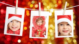 3 images of one child dressed in a santa hat attached to a line of string with pegs
