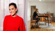 Dr Punam Krishan, woman sitting down at dining room table with dog looking at laptop to do test to learn how to prevent falls