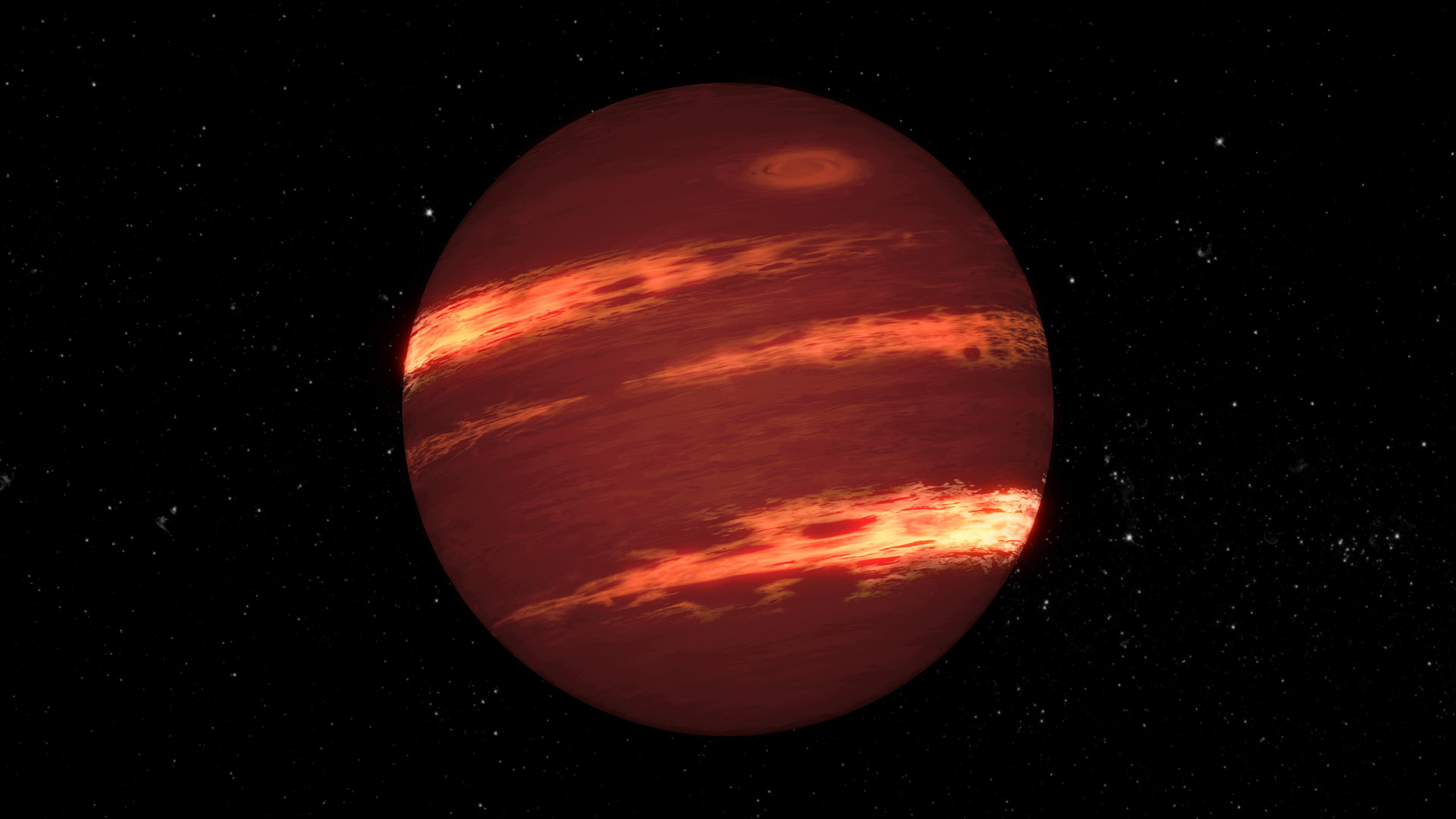 An artist conception of a brown dwarf body with bands of clouds in its fast changing atmosphere.