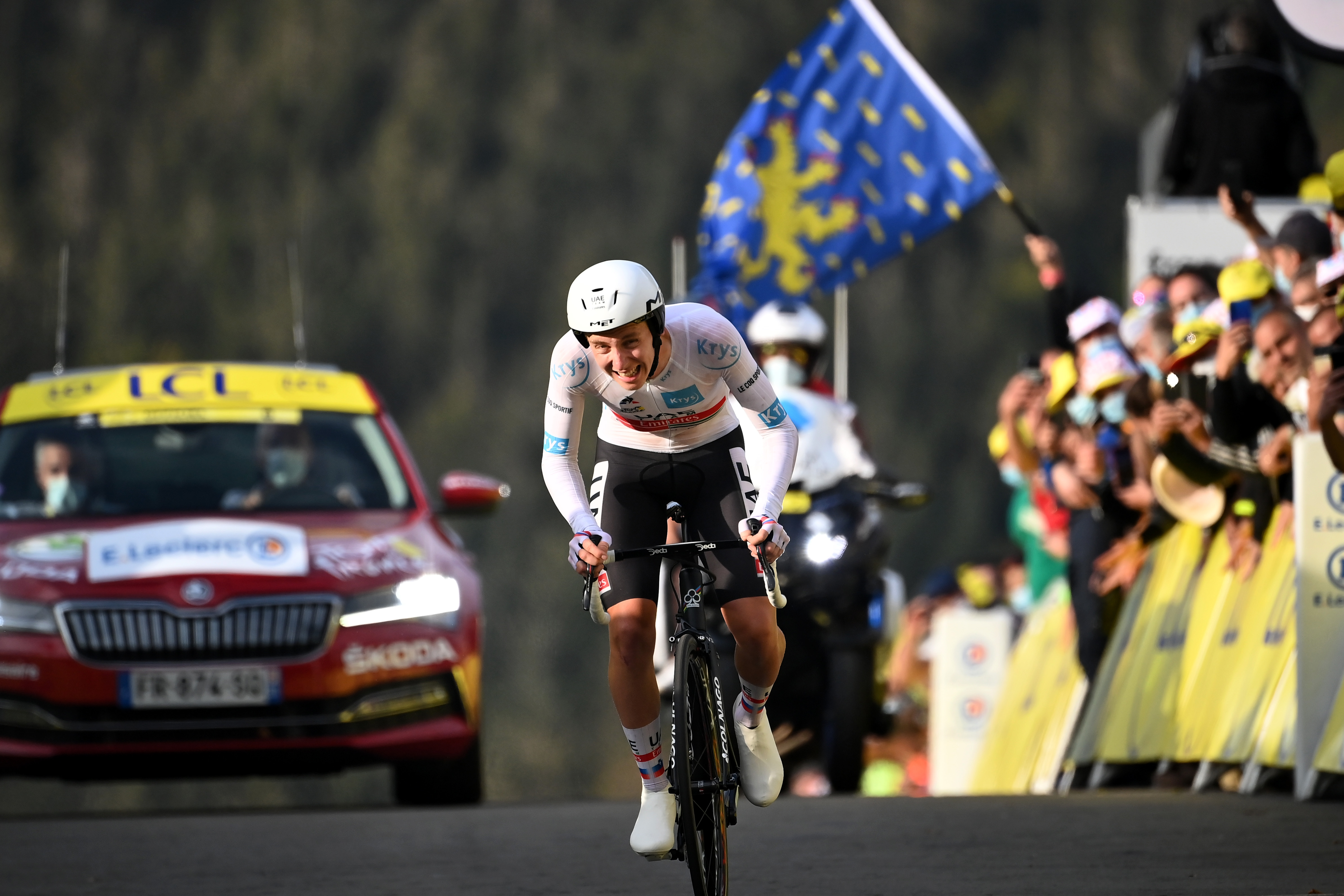 LA PLANCHE, FRANCE - SEPTEMBER 19: Arrival / Tadej Pogacar of Slovenia and UAE Team Emirates White Best Young Jersey / Celebration / during the 107th Tour de France 2020, Stage 20 a 36,2km Individual Time Trial stage from Lure to La Planche Des Belles Filles 1035m / ITT / #TDF2020 / @LeTour / on September 19, 2020 in La Planche, France. (Photo by Marco Bertorello - Pool/Getty Images)