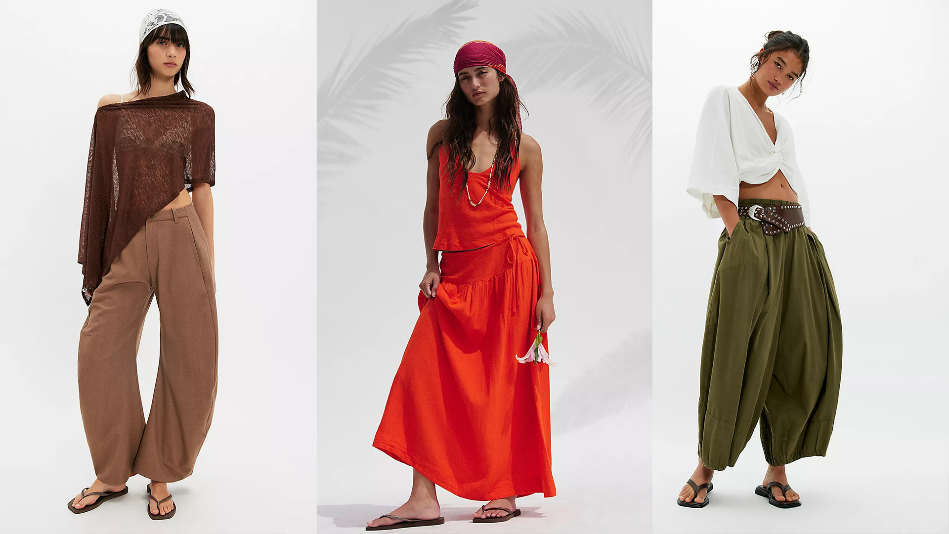 Models wear FP clothing. One model wears brown barrel leg pants and deep brown poncho. One model wears red skirt set with scarf tied around her head. The last model wears green balloon pants. 