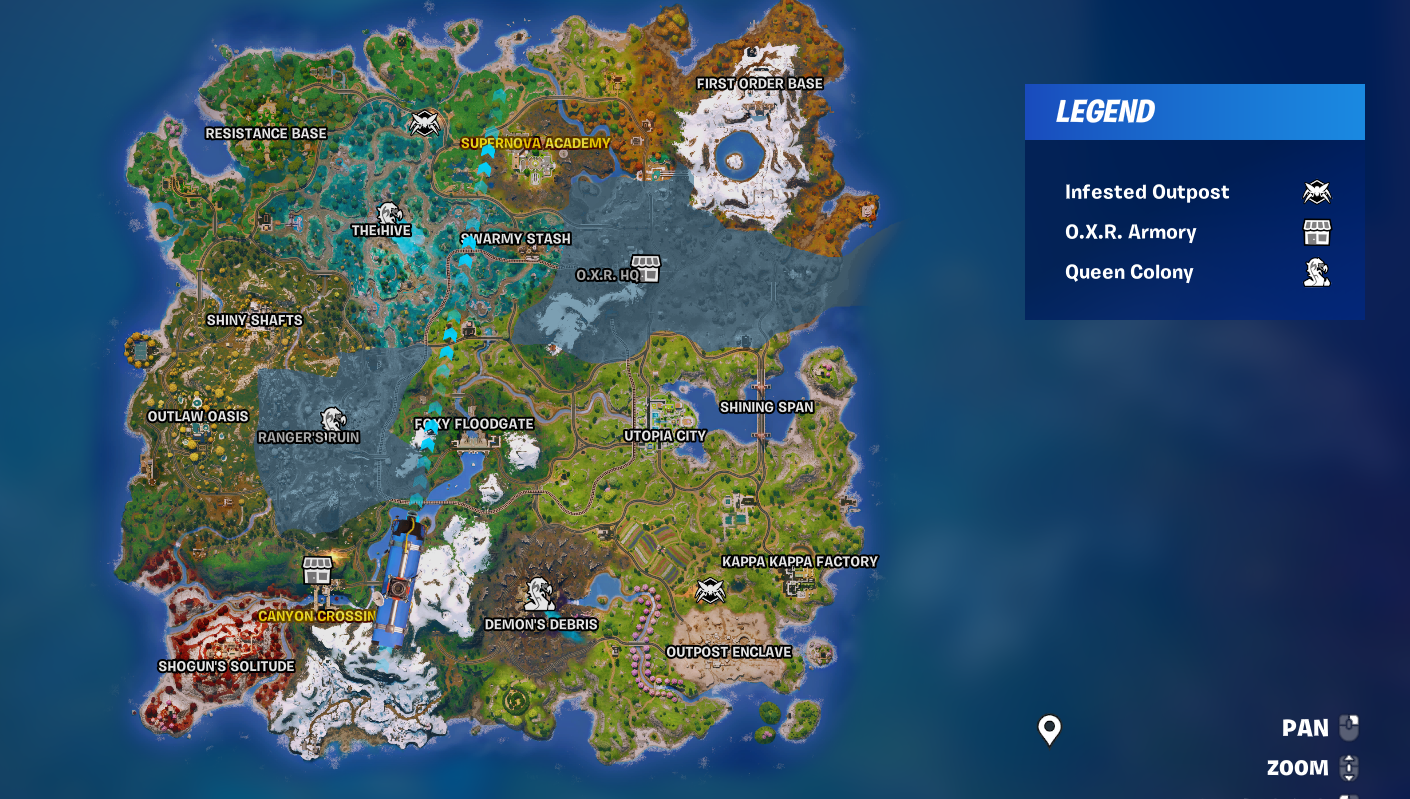 The full Fortnite S6Ch4 map, with all the POI locations, and icons marking the map with infested outposts, the OXR armories, and the  Queen Colonies