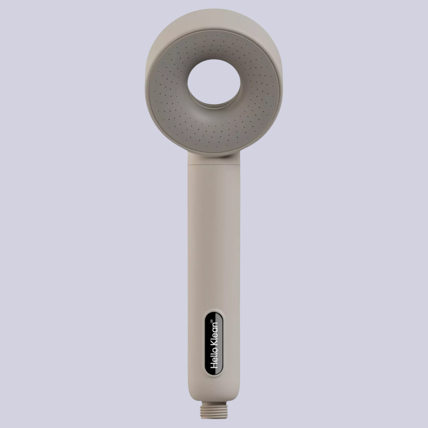 A cream-colored filtering shower head against a lilac background