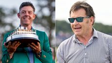 Rory McIlroy holds a trophy at Augusta National, Nick Faldo walks off the green smiling
