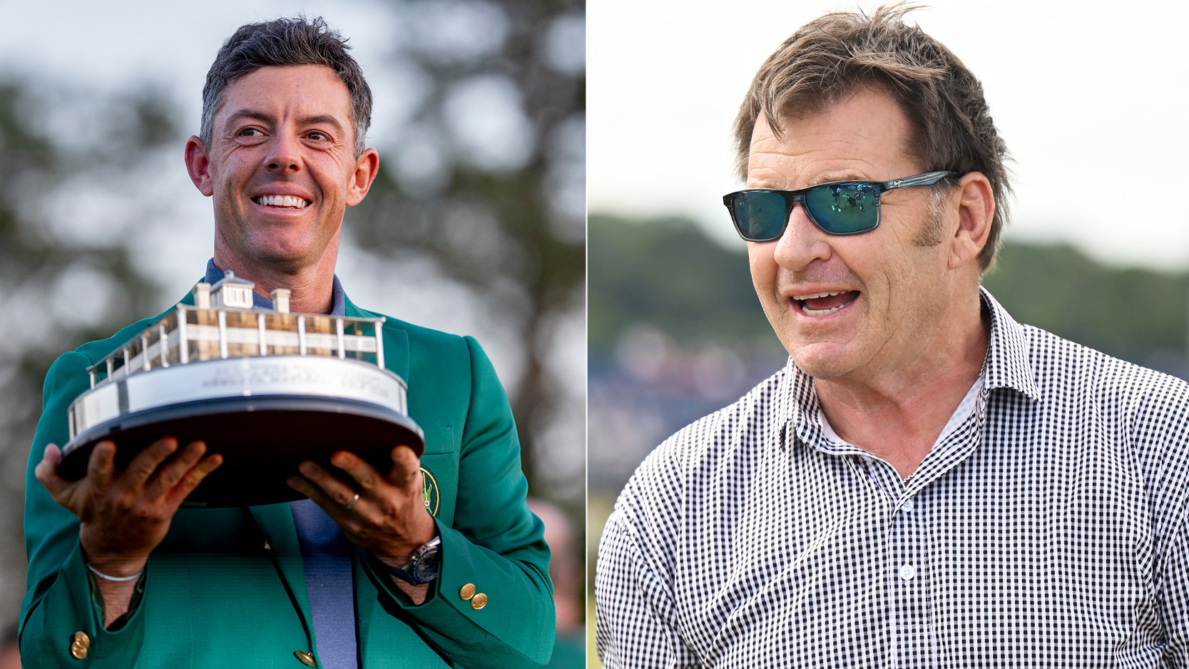 Rory McIlroy holds a trophy at Augusta National, Nick Faldo walks off the green smiling