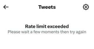 An error message from Twitter reading 'Rate limit exceeded, please wait a few moments then try again'.