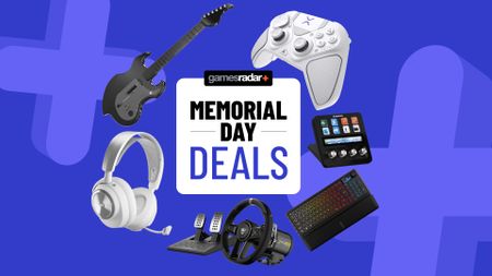 Gaming accessories on a blue background with Memorial Day deals badge