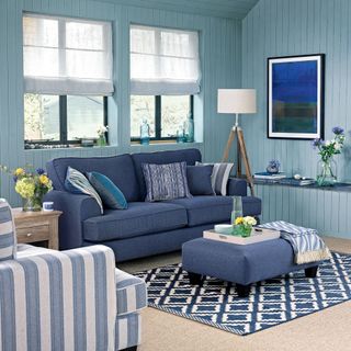 Blue living room with blue sofa and brown carpet