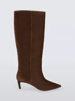 John Lewis Scarlette Suede Kitten Heel Pull on Knee Boots, Chocolate