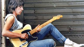 Jeff Beck, portrait playing a Fender Telecaster guitar in Oxnard, California, United States, 1985.