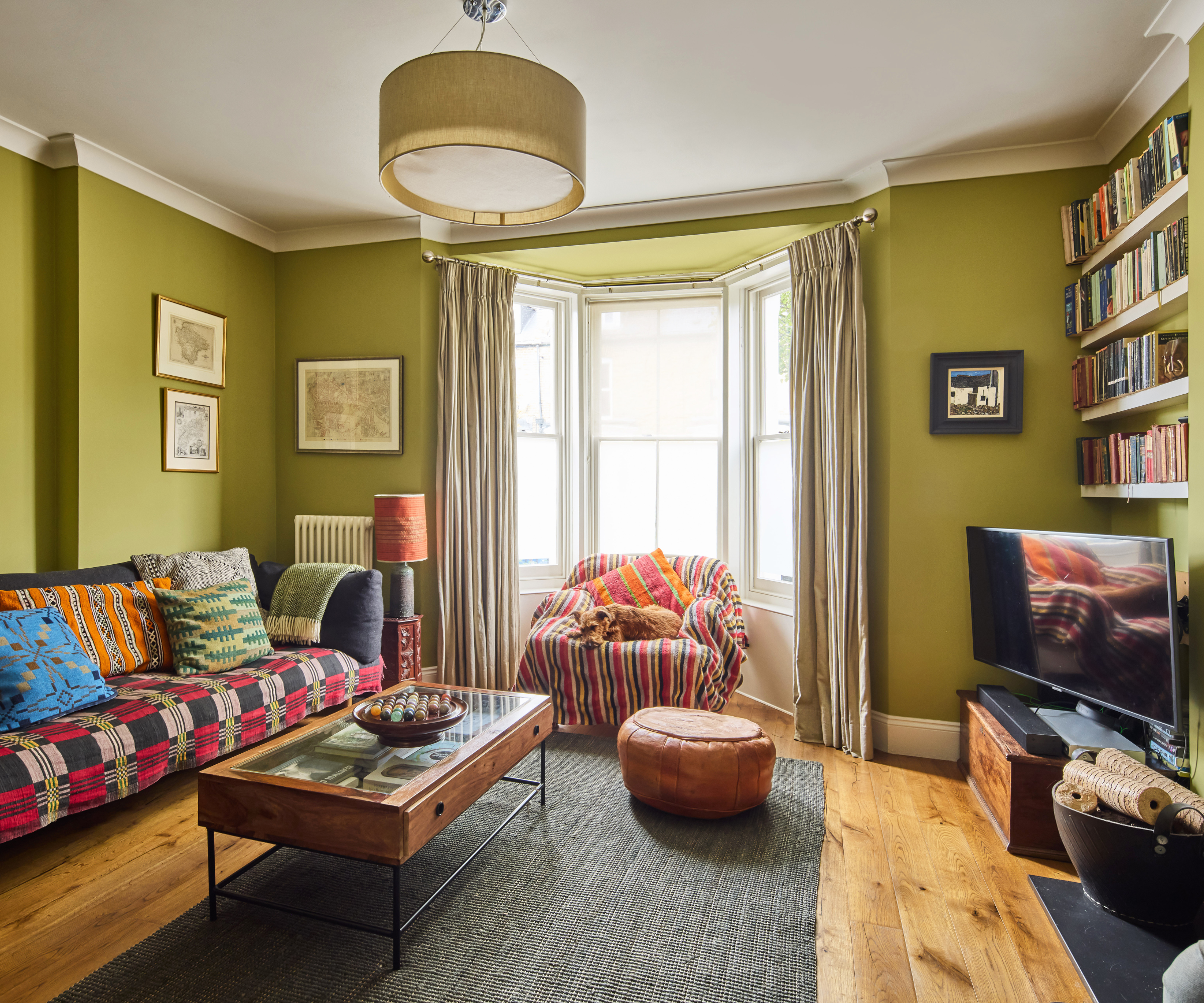 Living room with green walls, wooden flooring, and bookshelves