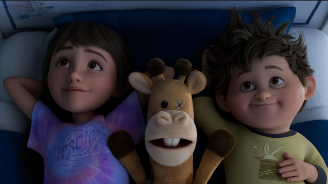 Stevie and Elliot gazing at the sky from a bed in a still from the Netflix movie In Your Dreams 