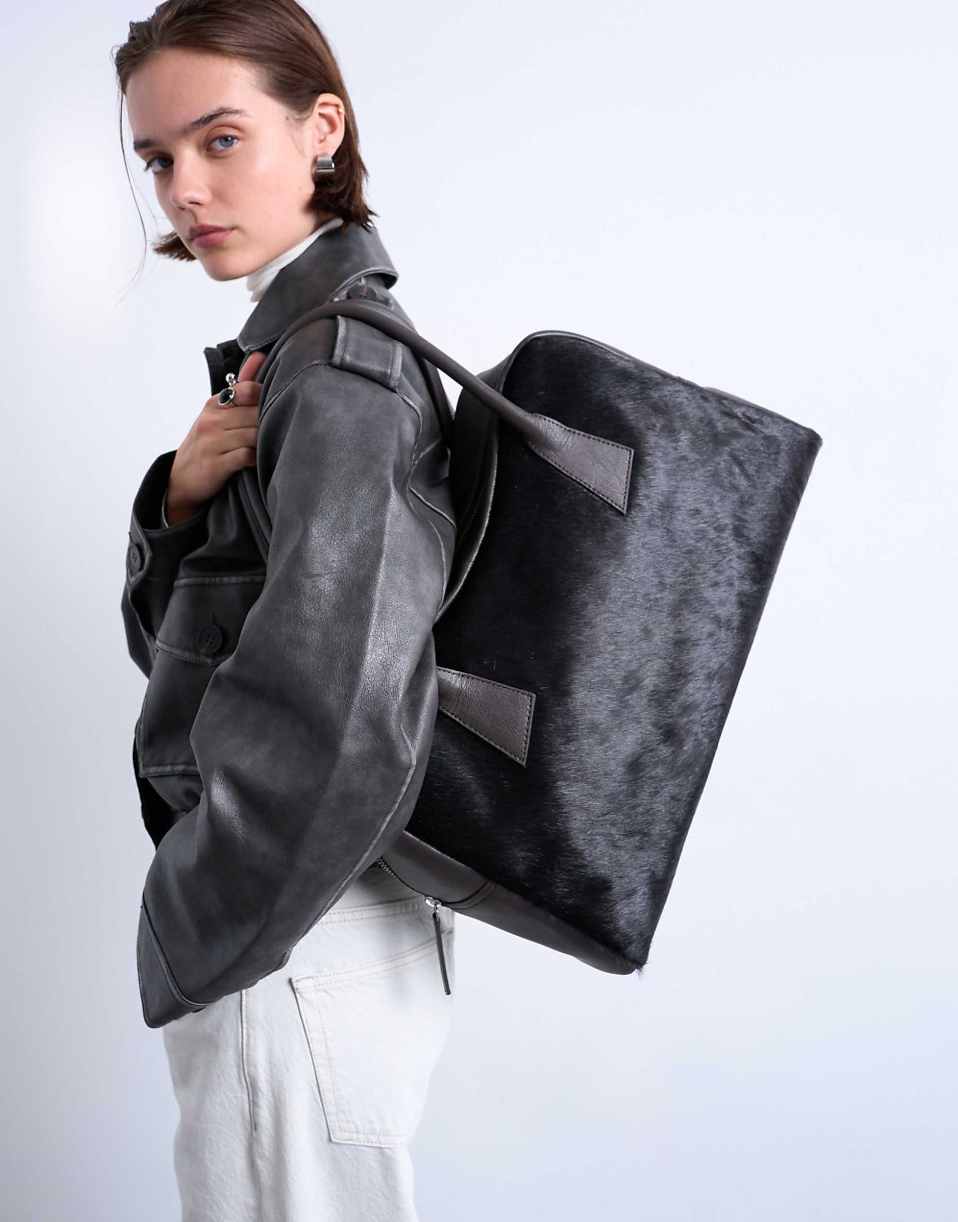 Topshop Suki Real Leather Shoulder Bowler Bag in Chocolate Pony