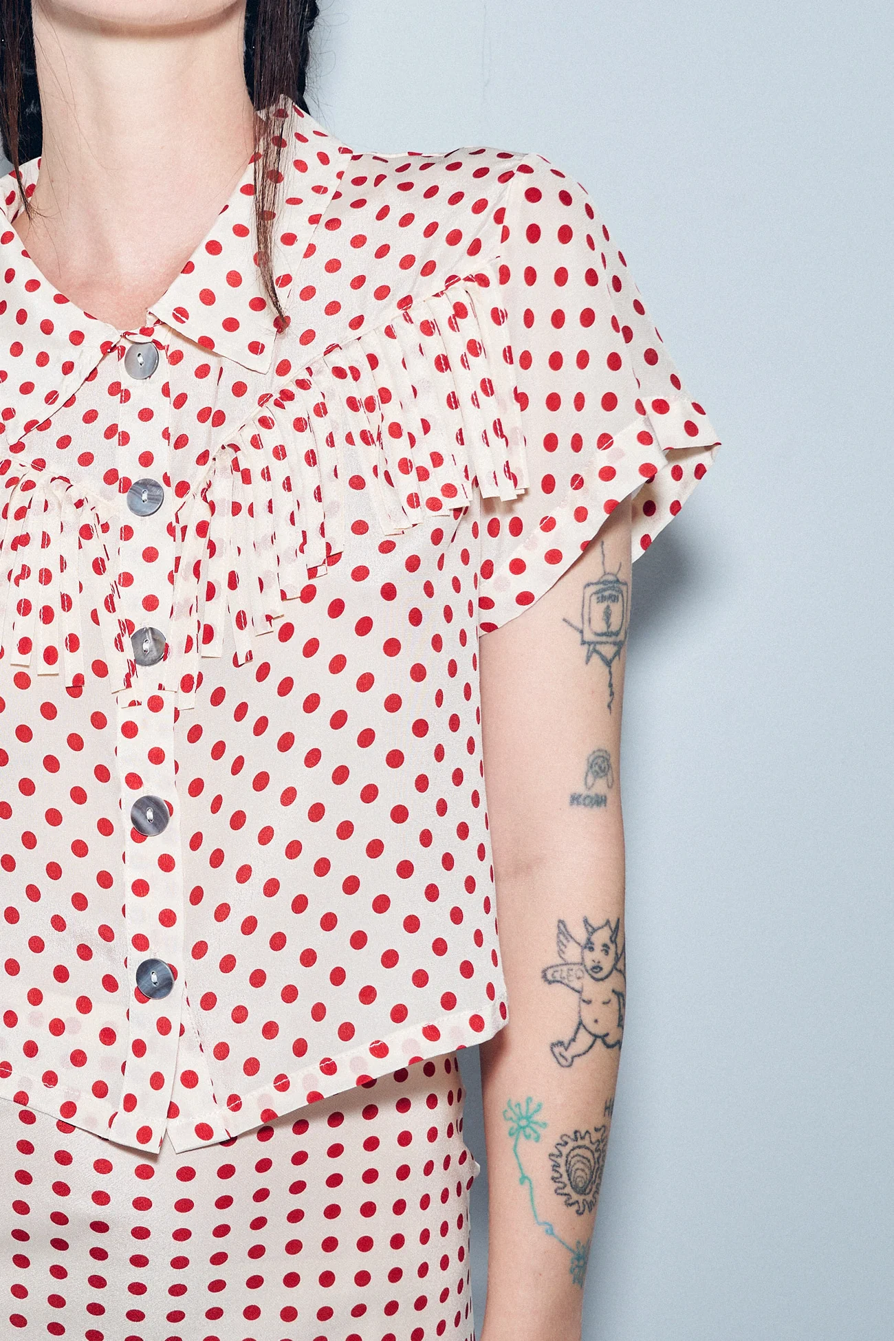 Fashion Brand Company, Silk Fringe Blouse Red Polka Dot