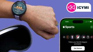 An arm wearing a Garmin fitness watch pucnhes an iPhone with no signal next to an Apple Vision Pro