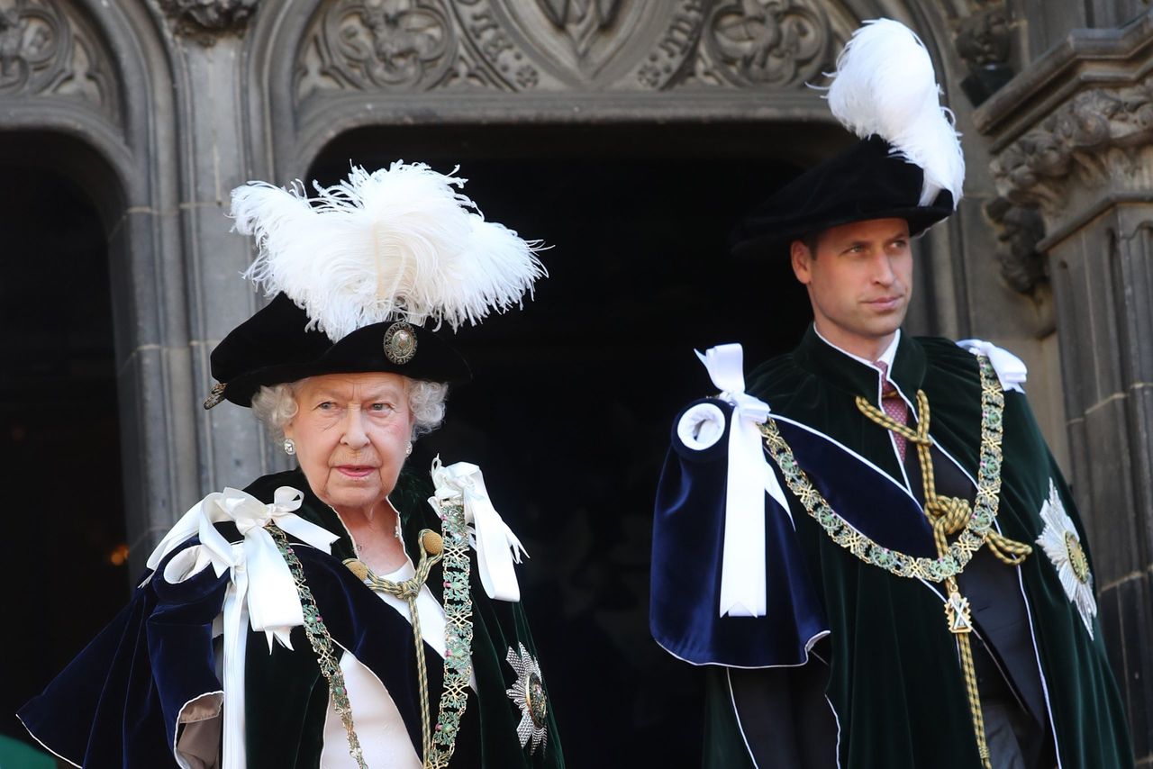 Queen Elizabeth II and Prince William, Duke of Cambridge leave The Thistle Service at St Giles Cathedral on July 6, 2018 in Edinburgh, Scotland