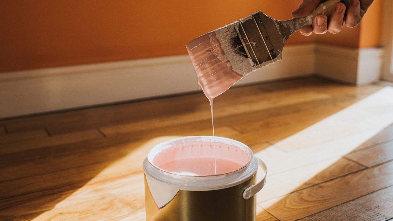 Hand holds a thick paint brush and removes it, after dipping it in the paint. It creates a droplet of paint which splashes back into the pot. The wall behind is painted orange and the colour in the tin is pink, which clashes