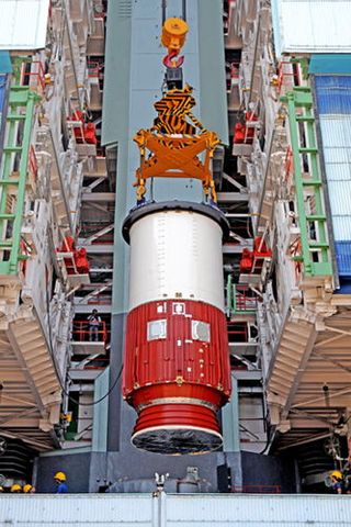 India's PSLV-C20 Rocket First Stage Hoisted