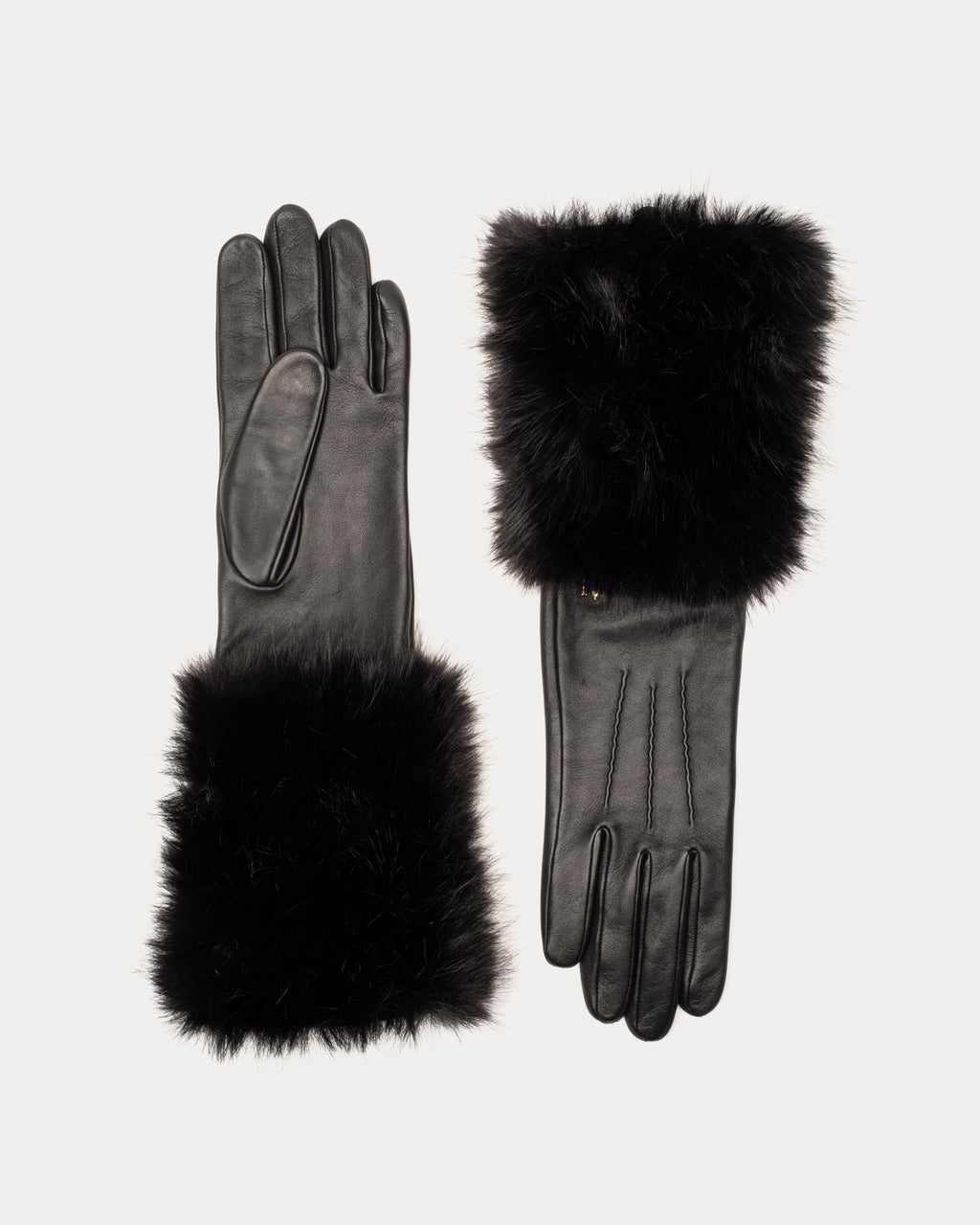 Faux Fur Cuff Leather Gloves - Black