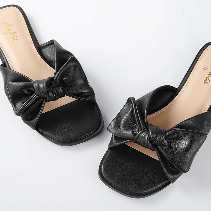 Ankis, Ankis Black Sandals Womens Bow Flat Sandals Dressy - Cute Summer Beach Sandals for Women 2026, Square Open Toe Comfortable Slip on Slide Sandals Bride Wedding Bridal Dress Shoes Slippers
