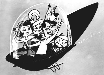 A black-and-white cartoon still of the Jetsons family in their spaceship. 