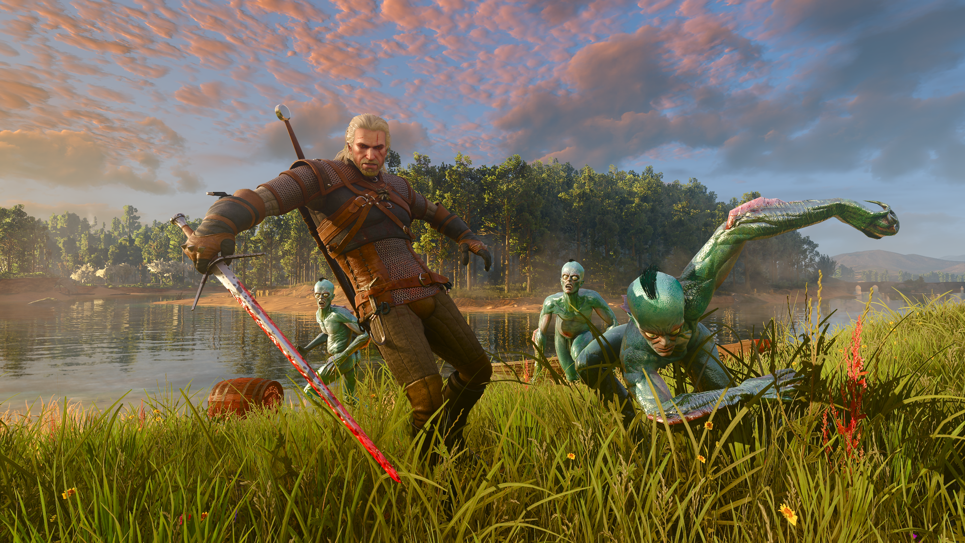 Geralt fights drowners.