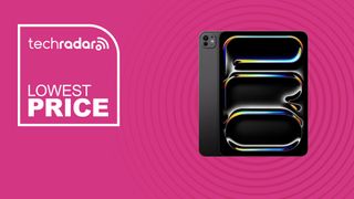 The Apple iPad Pro 11-inch (M4) on a pink background with text saying Lowest Price.