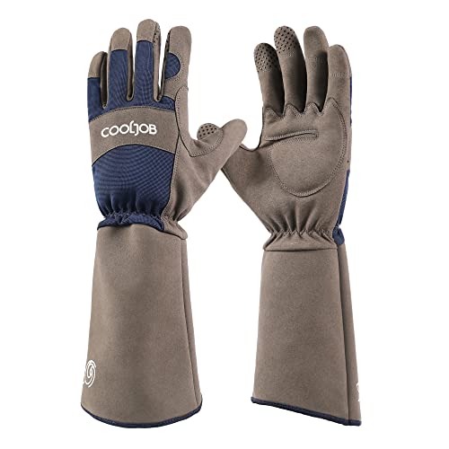 Cooljob Gardening Gloves for Women and Men, Thorn Resistant Heavy Duty Garden Gloves, Long Sleeve Forearm Protection Ladies, Synthetic Leather Gauntlets for Pruning, Blue & Grey (1 Pair, Size M-L)